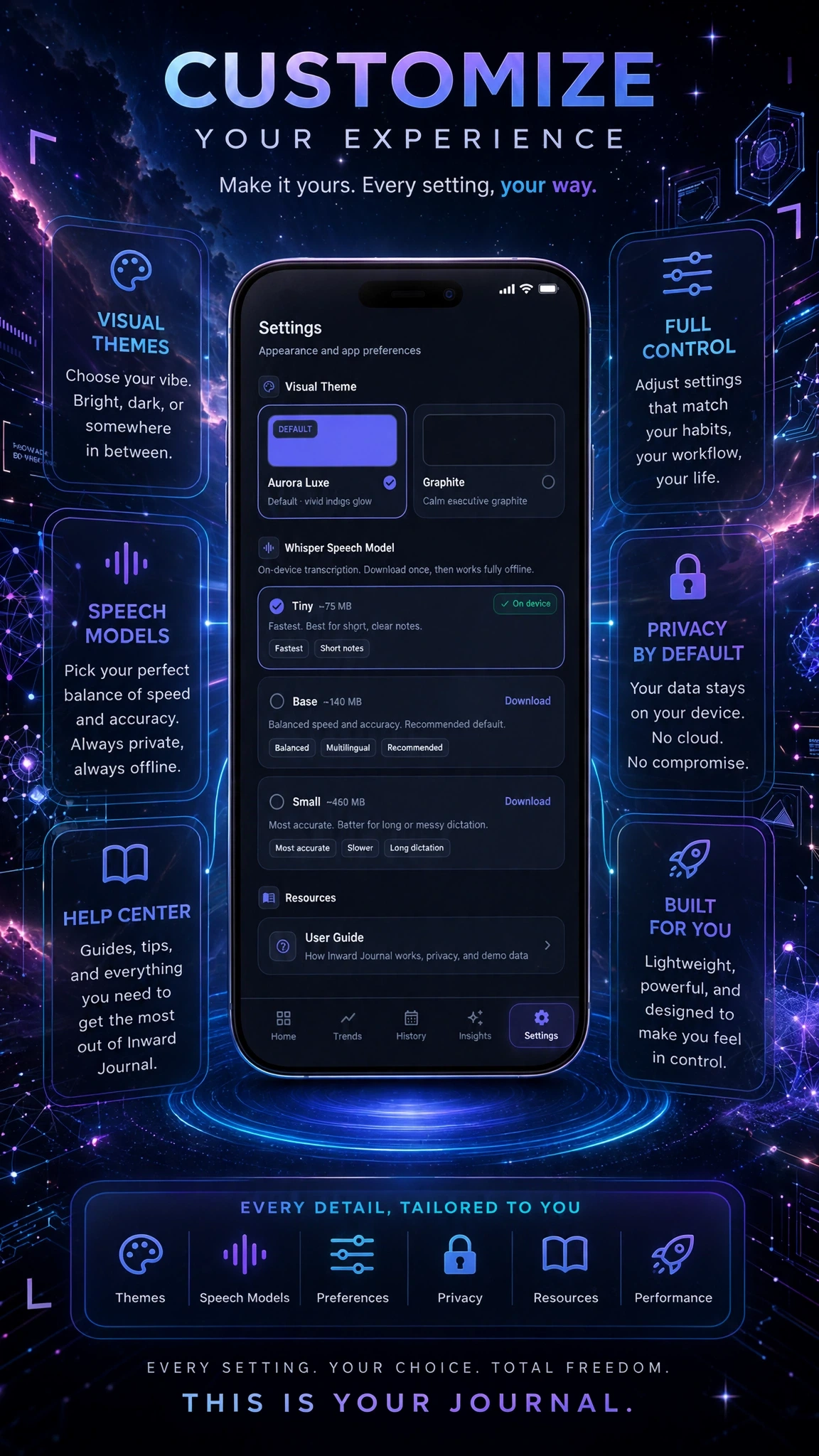 Settings themes and Whisper models